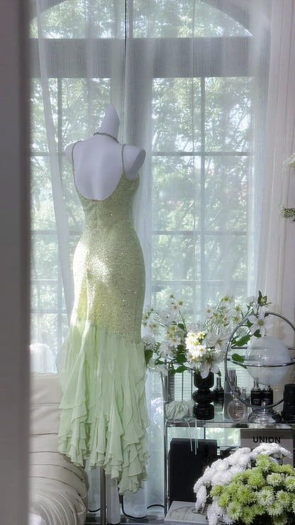 Fresh Green Beaded Chiffon Ruffled Prom Dress P3263 – PreppyDress