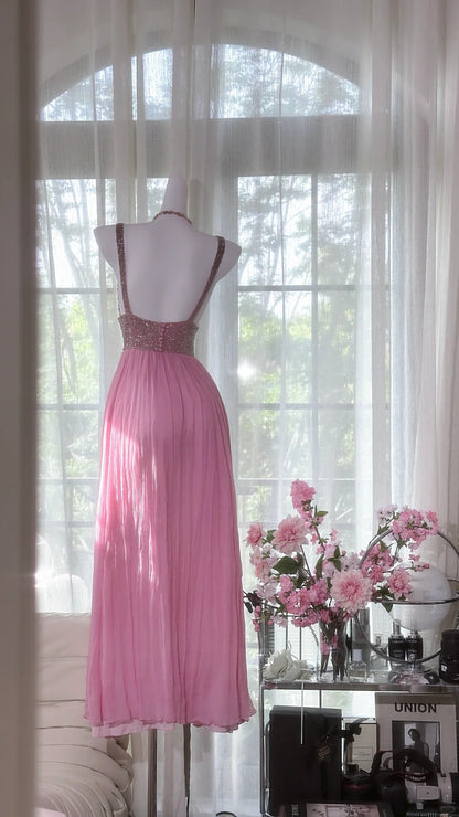 Vintage Perlen V-Ausschnitt Pailletten Chiffon Rückenfreies Ballkleid P3265