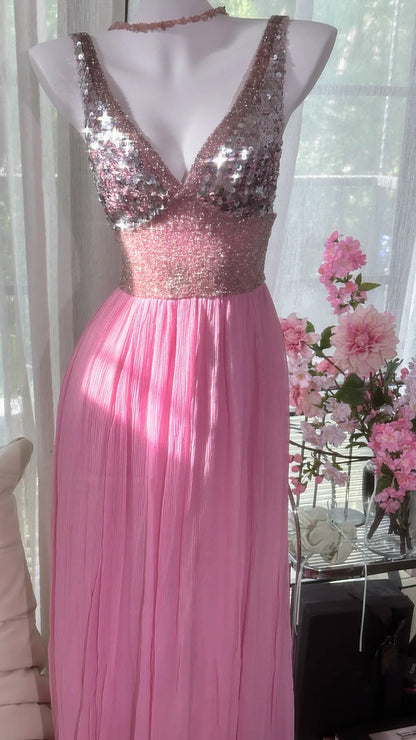 Vintage Perlen V-Ausschnitt Pailletten Chiffon Rückenfreies Ballkleid P3265