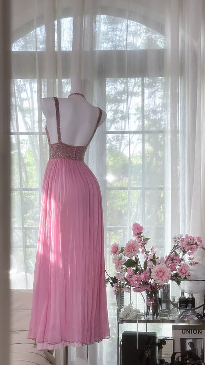 Vintage Perlen V-Ausschnitt Pailletten Chiffon Rückenfreies Ballkleid P3265