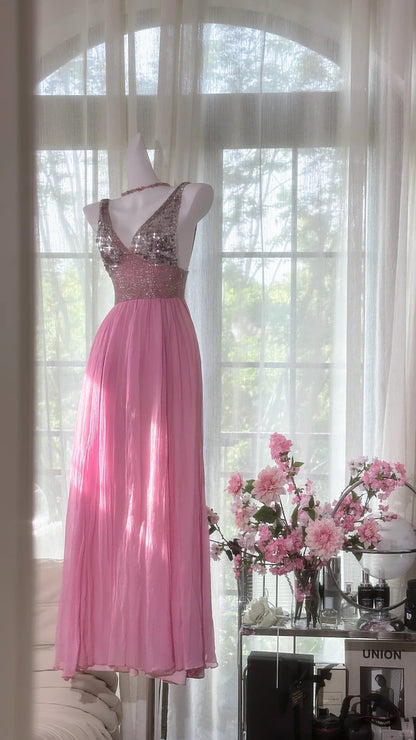 Vintage Beaded V-Neck Sequined Chiffon Backless Prom Dress P3265 – PreppyDress