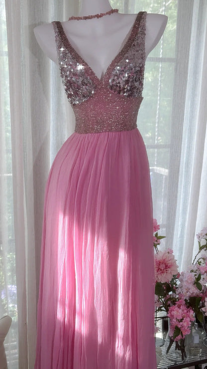 Vintage Perlen V-Ausschnitt Pailletten Chiffon Rückenfreies Ballkleid P3265