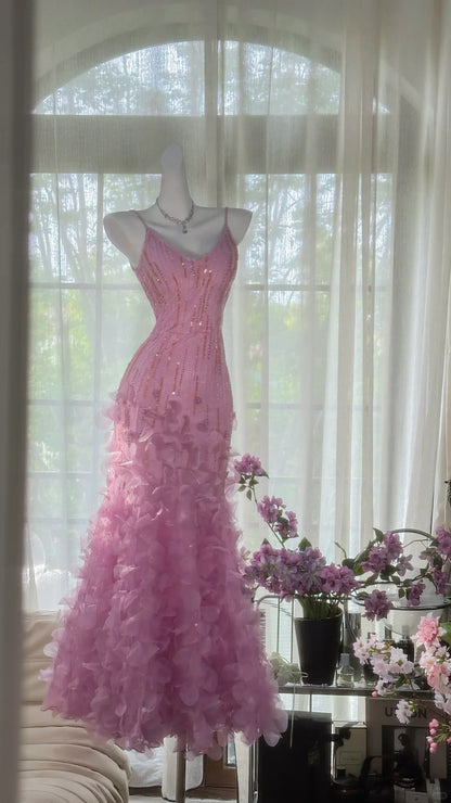 Vintage rosa V-Ausschnitt Perlen Meerjungfrau Blütenrock Abschlussballkleid P3266