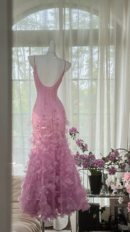Vintage rosa V-Ausschnitt Perlen Meerjungfrau Blütenrock Abschlussballkleid P3266