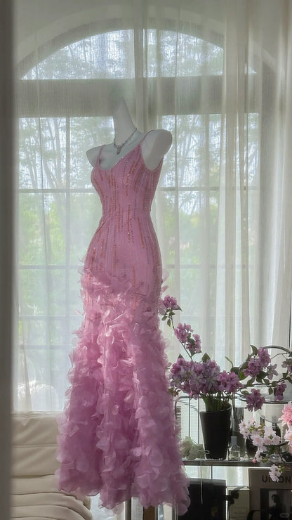 Vintage Pink V-Neck Beaded Mermaid Petal Skirt Prom Dress P3266 PreppyDress Vintage Pink V-Neck Beaded Mermaid Petal Skirt Prom Dress P3266 PreppyDress