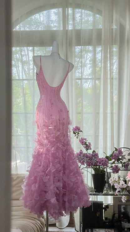 Vintage rosa V-Ausschnitt Perlen Meerjungfrau Blütenrock Abschlussballkleid P3266