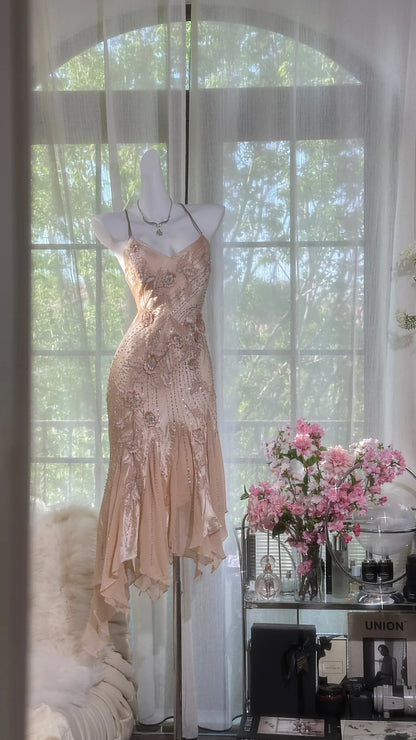 Retro Rosa Meerjungfrau Perlen Bestickt Unregelmäßiger Saum Abschlussballkleid P3267