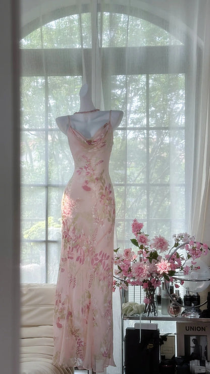 Elegantes bedrucktes rosa Chiffon Meerjungfrau Abendkleid Ballkleid P3269