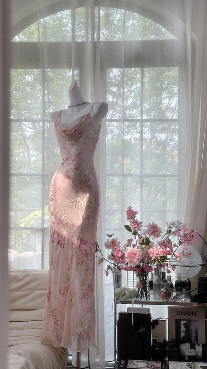 Elegantes bedrucktes rosa Chiffon Meerjungfrau Abendkleid Ballkleid P3269