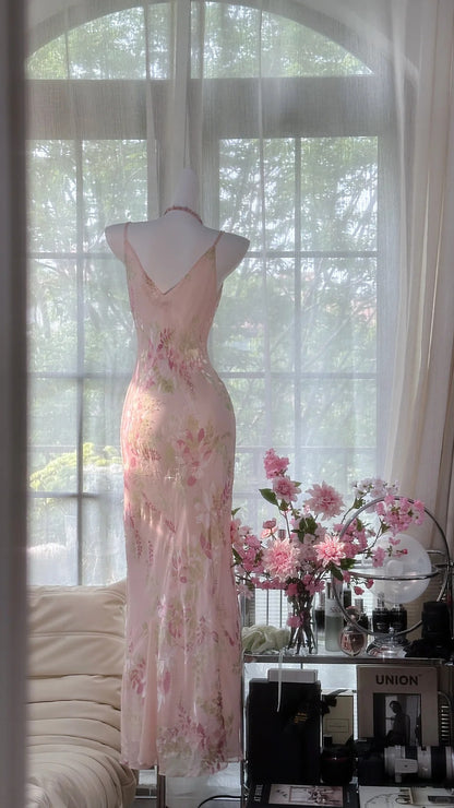 Elegantes bedrucktes rosa Chiffon Meerjungfrau Abendkleid Ballkleid P3269
