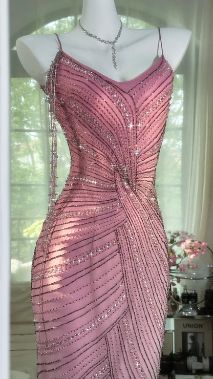 pink tassel dress Luxurious Heavy Pink Tassel Beaded Mermaid Prom Dress P3270 – PreppyDress