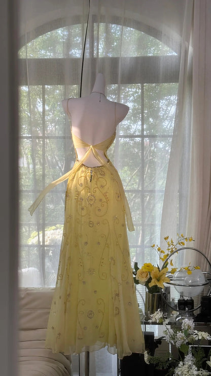 Flowy Yellow Spaghetti Strap Chiffon Beaded Mermaid Evening Gown Prom Dress P3272