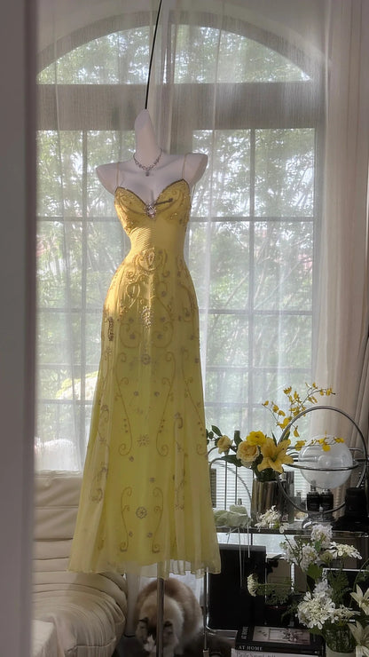 Flowy Yellow Spaghetti Strap Chiffon Beaded Mermaid Evening Gown Prom – PreppyDress