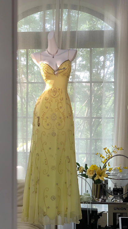 Flowy Yellow Spaghetti Strap Chiffon Beaded Mermaid Evening Gown Prom PreppyDress Flowy Yellow Spaghetti Strap Chiffon Beaded Mermaid Evening Gown Prom PreppyDress