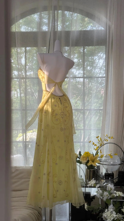 Flowy Yellow Spaghetti Strap Chiffon Beaded Mermaid Evening Gown Prom Dress P3272