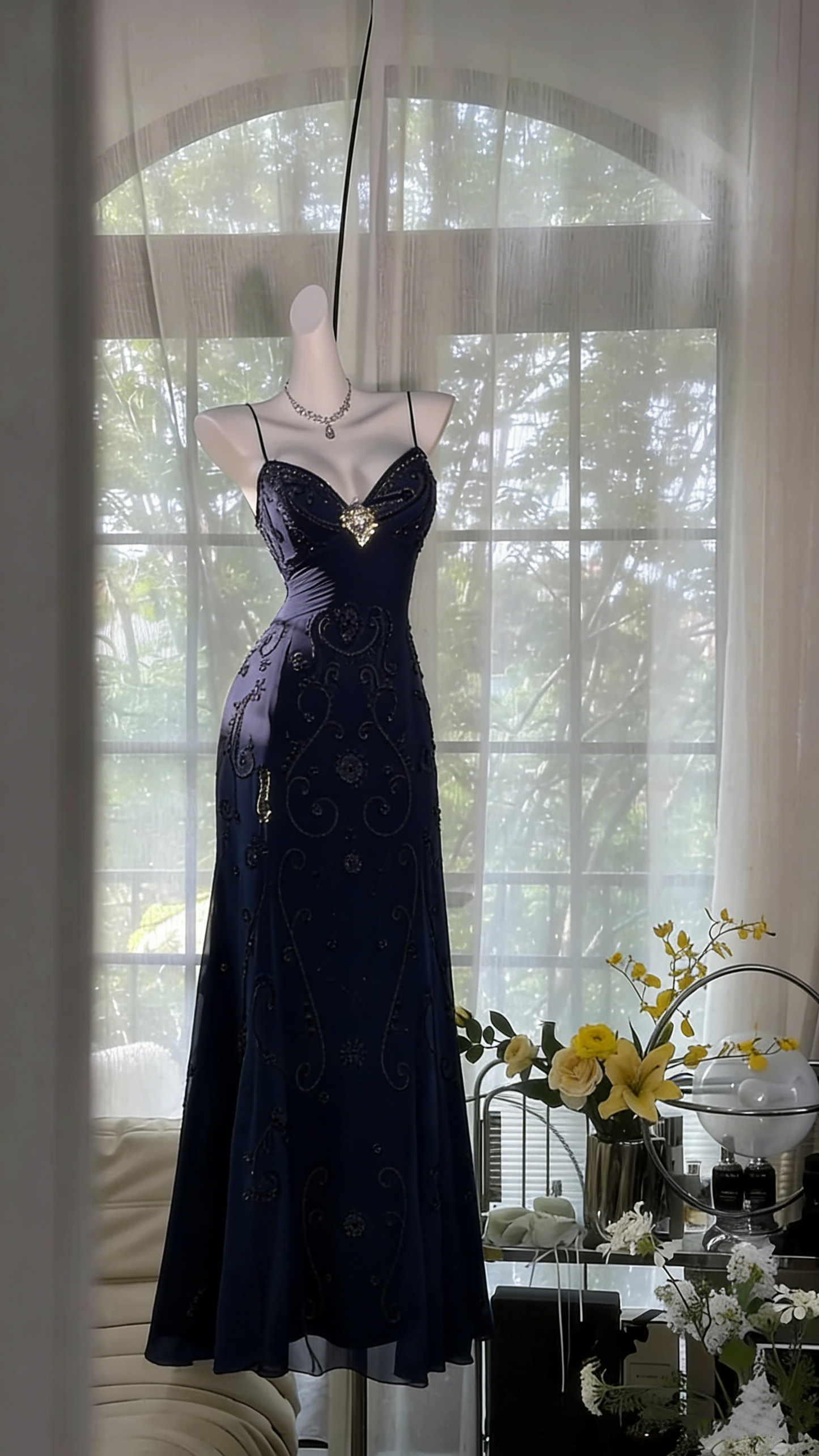 Flowy Yellow Spaghetti Strap Chiffon Beaded Mermaid Evening Gown Prom Dress P3272