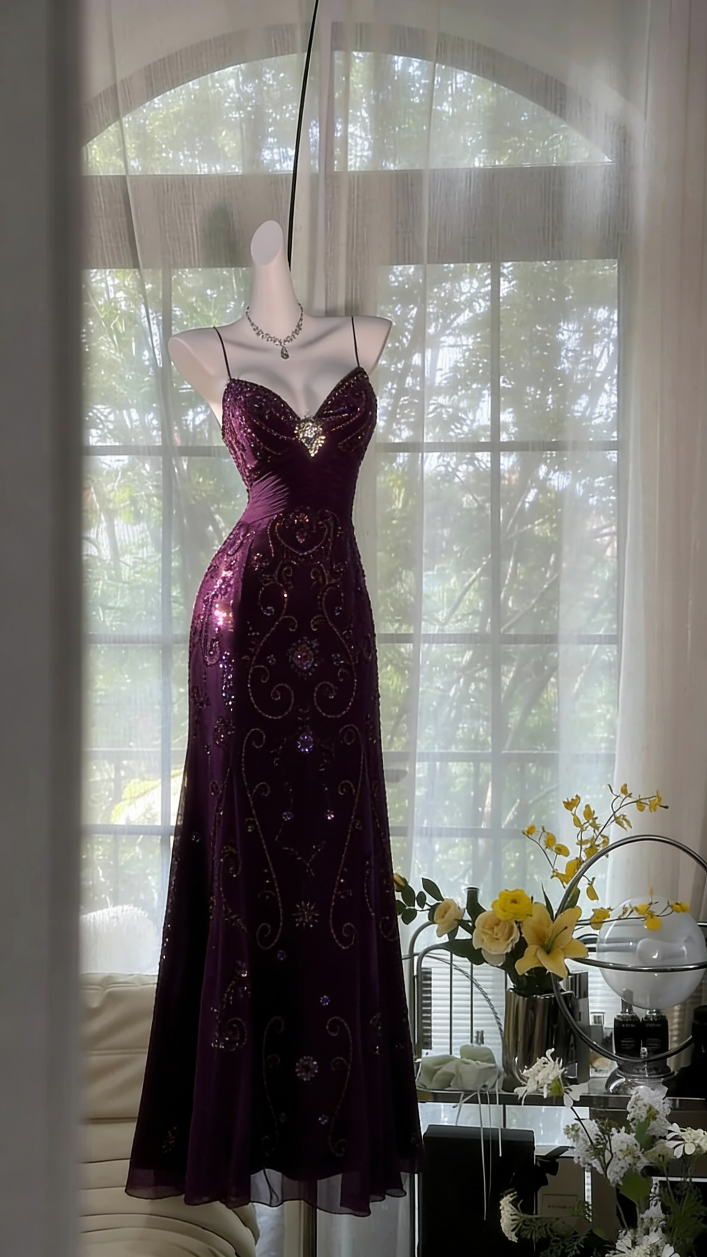 Flowy Yellow Spaghetti Strap Chiffon Beaded Mermaid Evening Gown Prom Dress P3272