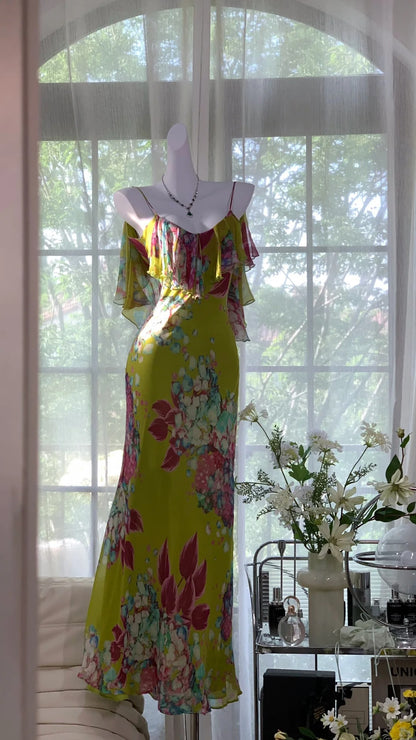 Vintage Ölgemälde Grün Bedrucktes Chiffon Meerjungfrau Abendkleid Ballkleid P3273