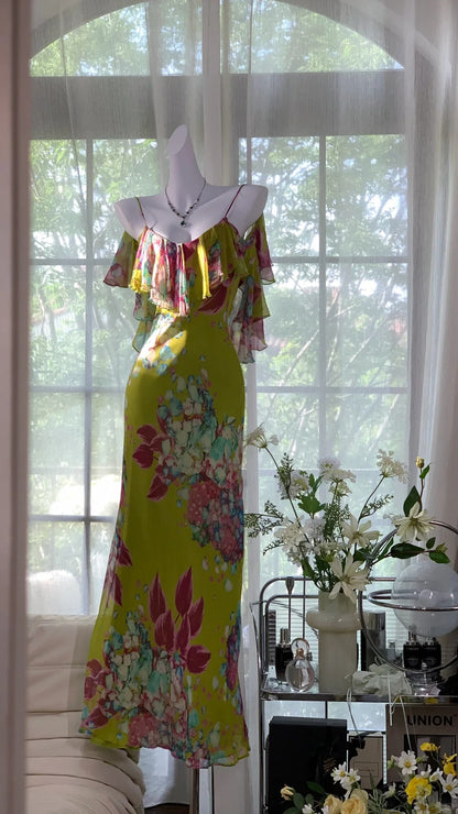 Vintage Ölgemälde Grün Bedrucktes Chiffon Meerjungfrau Abendkleid Ballkleid P3273
