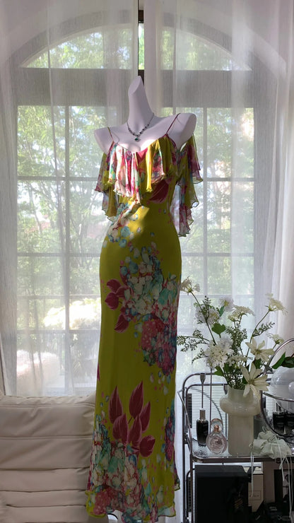 Vintage Ölgemälde Grün Bedrucktes Chiffon Meerjungfrau Abendkleid Ballkleid P3273