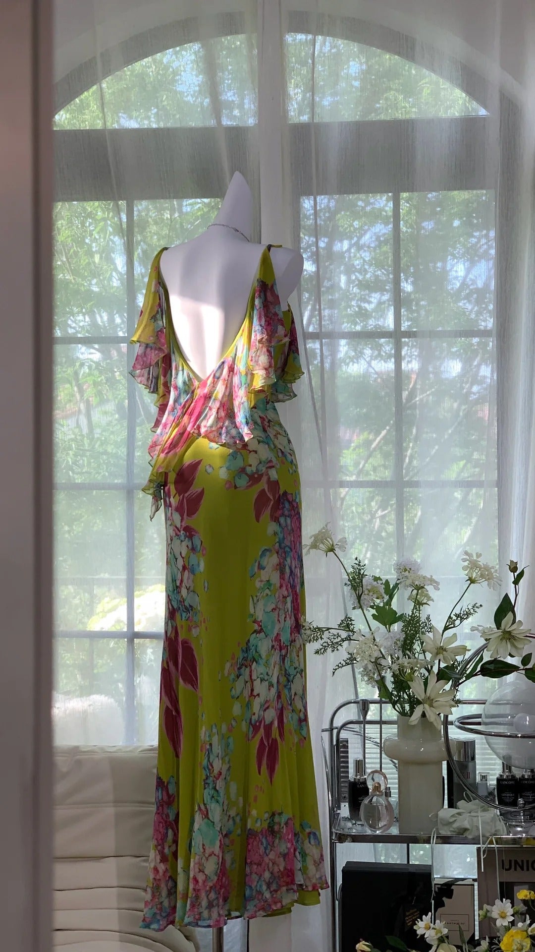 Vintage Oil Painting Green Printed Chiffon Mermaid Evening Gown Prom Dress P3273