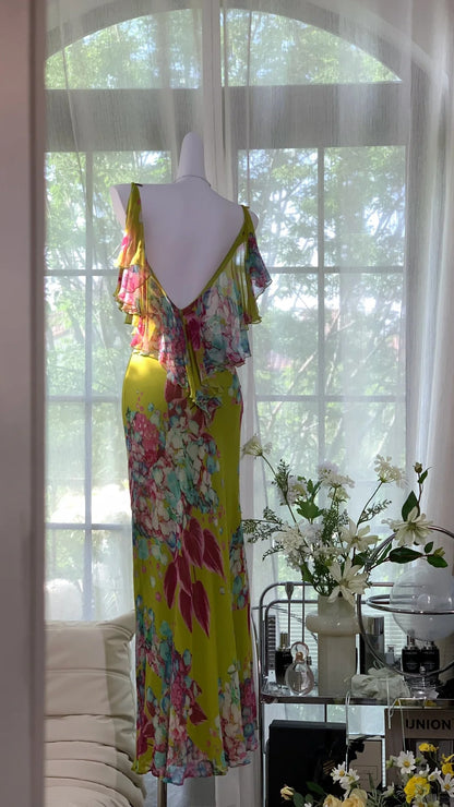 Vintage Ölgemälde Grün Bedrucktes Chiffon Meerjungfrau Abendkleid Ballkleid P3273