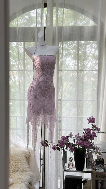 Sexy Purple Lace Tube Top Beaded Earrings Curled Skirt Prom Dress P327 – PreppyDress