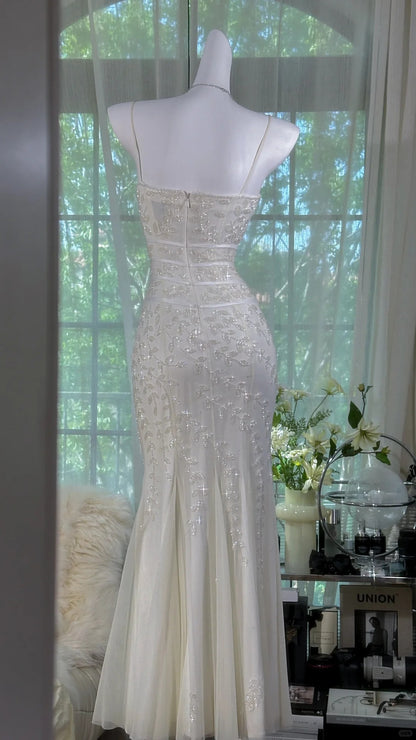 Elegantes weißes schulterfreies Perlen-Chiffon-Abendkleid Ballkleid P3275