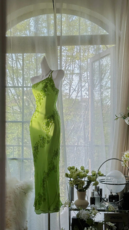 Frisches grünes One-Shoulder-Chiffon-Meerjungfrauen-Abendkleid mit Perlen P3277