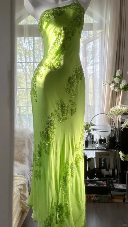 Frisches grünes One-Shoulder-Chiffon-Meerjungfrauen-Abendkleid mit Perlen P3277