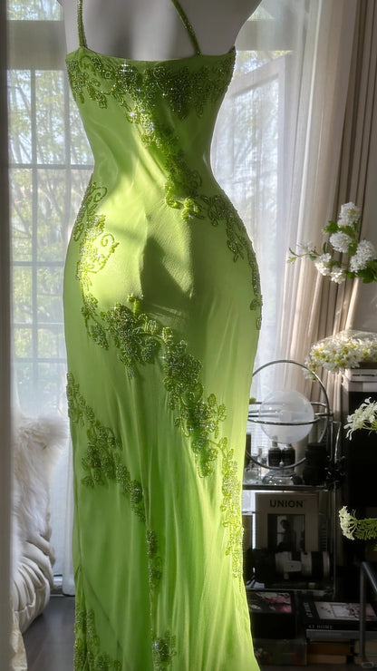 Frisches grünes One-Shoulder-Chiffon-Meerjungfrauen-Abendkleid mit Perlen P3277