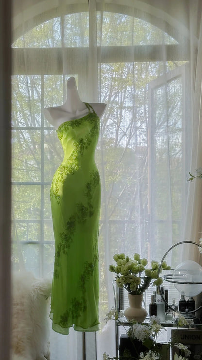 Frisches grünes One-Shoulder-Chiffon-Meerjungfrauen-Abendkleid mit Perlen P3277