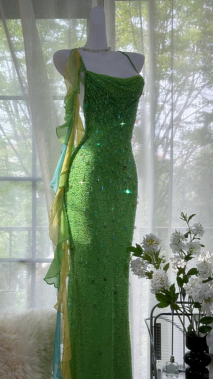 Glänzendes, vollperlenbesetztes, schweres grünes, rückenfreies Meerjungfrauen-Abendkleid Ballkleid P3278
