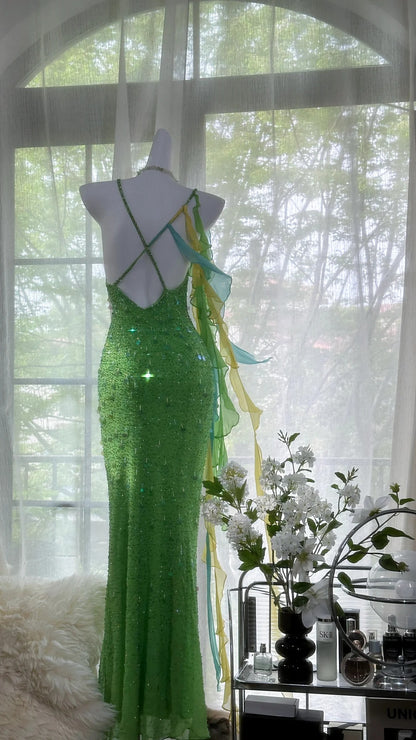 Glänzendes, vollperlenbesetztes, schweres grünes, rückenfreies Meerjungfrauen-Abendkleid Ballkleid P3278