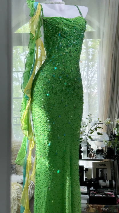 Glänzendes, vollperlenbesetztes, schweres grünes, rückenfreies Meerjungfrauen-Abendkleid Ballkleid P3278