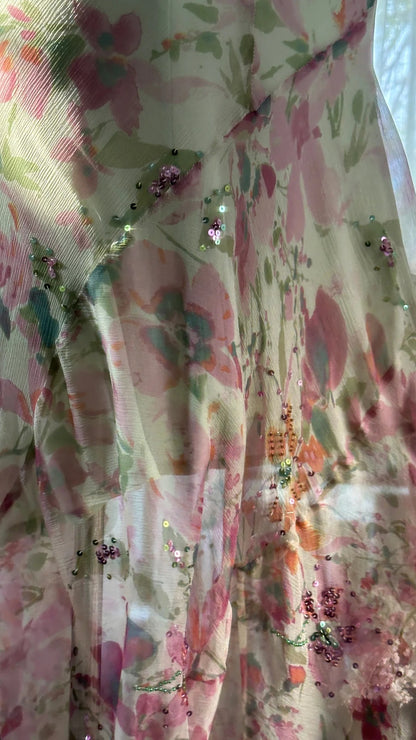 Fließendes Chiffon Pailletten-Druck Rosa Asymmetrisches Abendkleid P3280