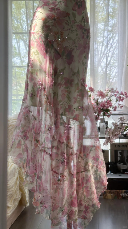 Fließendes Chiffon Pailletten-Druck Rosa Asymmetrisches Abendkleid P3280