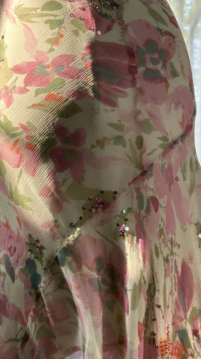 Fließendes Chiffon Pailletten-Druck Rosa Asymmetrisches Abendkleid P3280