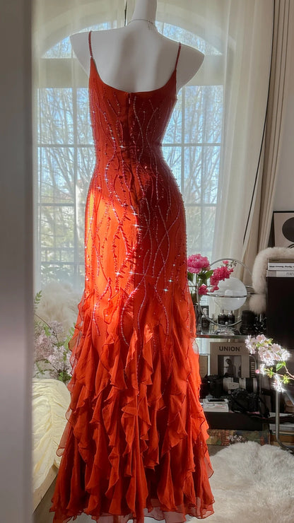 Wunderschönes orangefarbenes Chiffonperlen-Quallenrock Abendkleid Ballkleid P3281