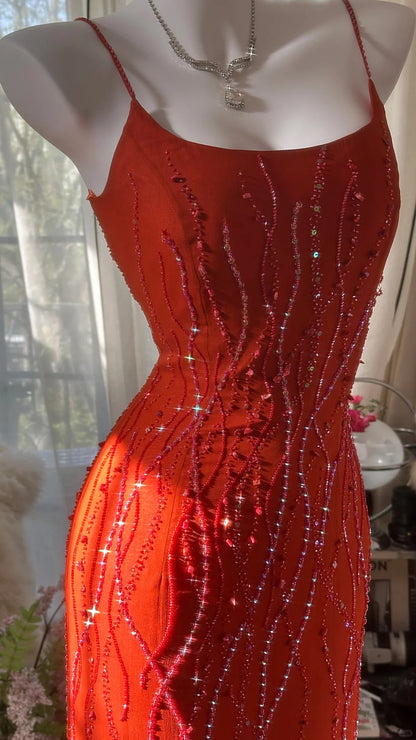 Wunderschönes orangefarbenes Chiffonperlen-Quallenrock Abendkleid Ballkleid P3281