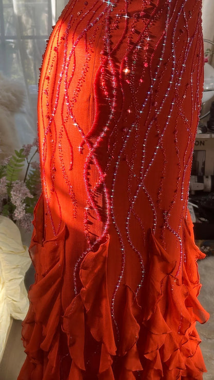 Wunderschönes orangefarbenes Chiffonperlen-Quallenrock Abendkleid Ballkleid P3281