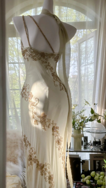 Fließendes, perlenbesetztes, elegantes Chiffon-Ballkleid mit einer Schulter P3283
