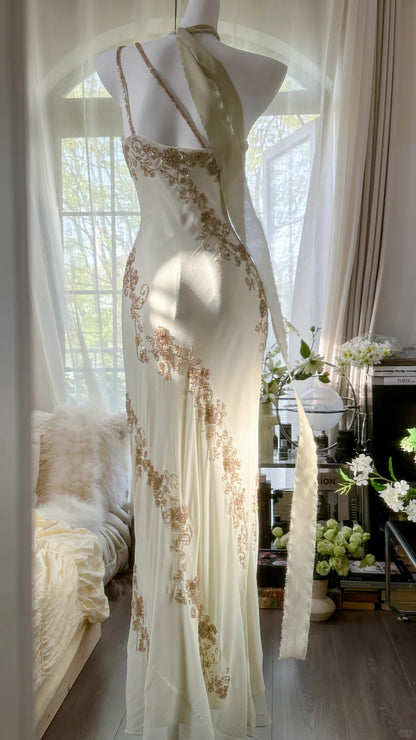 Fließendes, perlenbesetztes, elegantes Chiffon-Ballkleid mit einer Schulter P3283