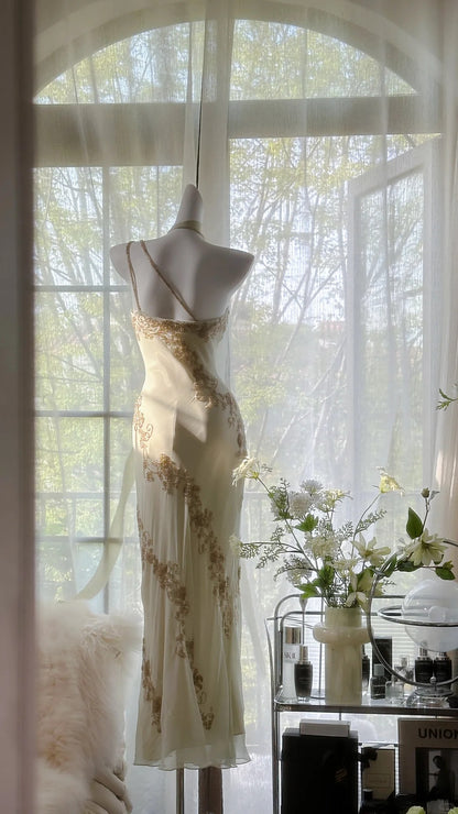 Fließendes, perlenbesetztes, elegantes Chiffon-Ballkleid mit einer Schulter P3283