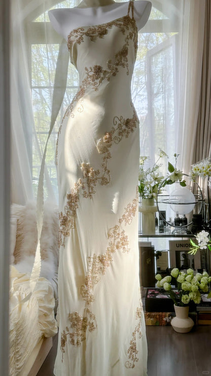 open lace back dress Keyhole One-Shoulder Long Satin Prom Dress CDS454 Champagne Gold / 2