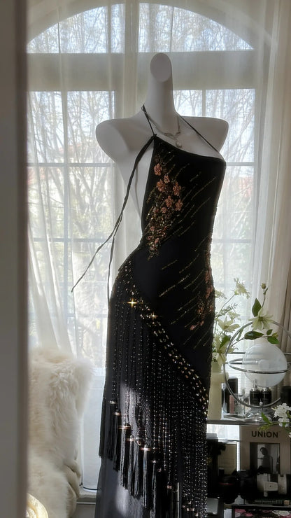 strapless open back dress Elegance and mystery halterneck off-shoulder black fringe beaded chiff –  PreppyDress