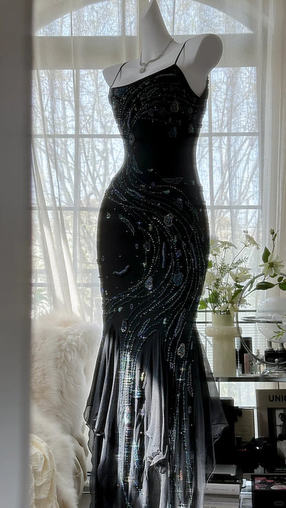 Retro schönes Schultergurt-Perlen-Chiffon-Abendkleid mit unregelmäßigem Rock P3285