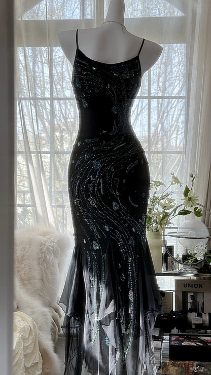Retro schönes Schultergurt-Perlen-Chiffon-Abendkleid mit unregelmäßigem Rock P3285