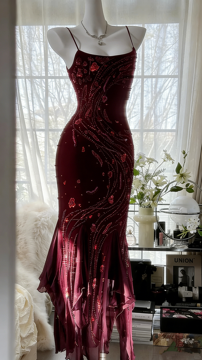 Retro schönes Schultergurt-Perlen-Chiffon-Abendkleid mit unregelmäßigem Rock P3285