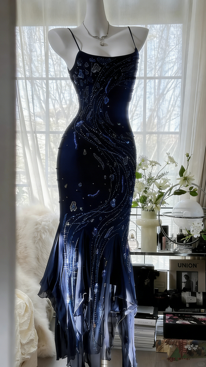 Retro schönes Schultergurt-Perlen-Chiffon-Abendkleid mit unregelmäßigem Rock P3285